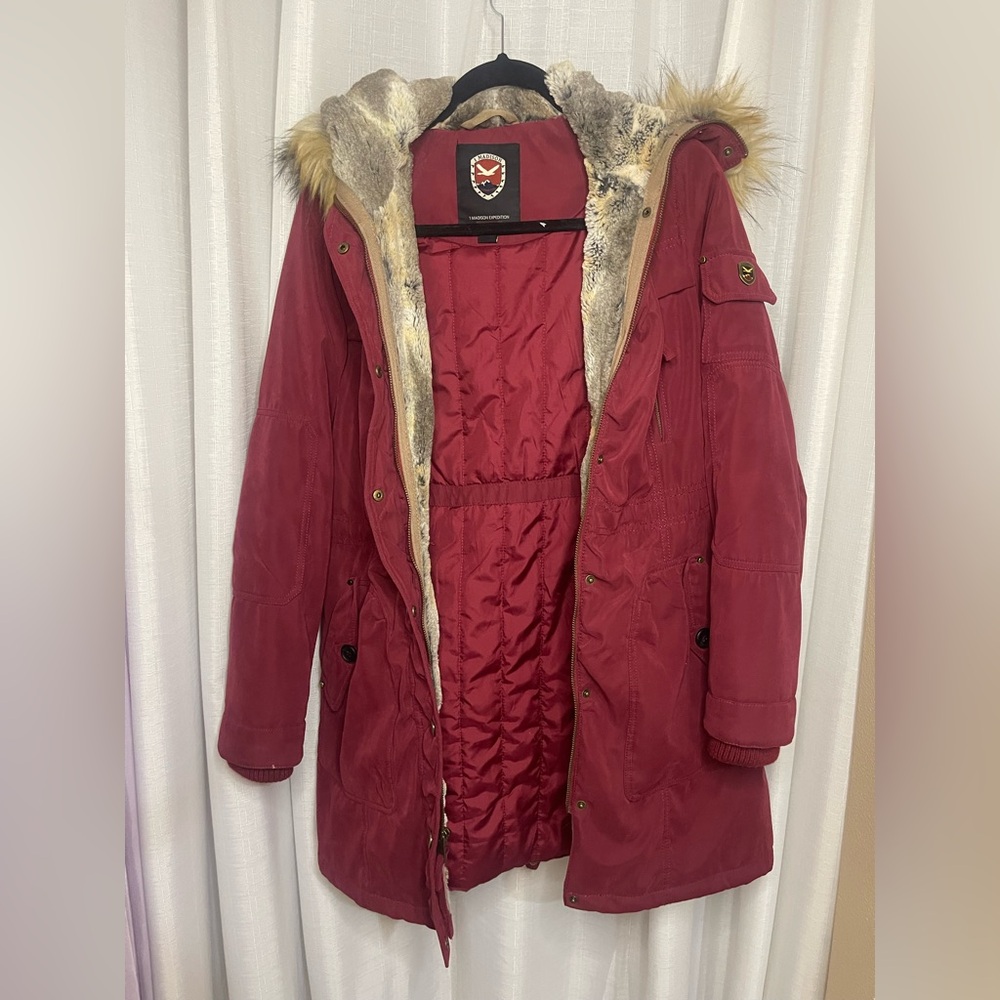 1 Madison Women's Burgundy Ski Jacket with Faux Fur Trim